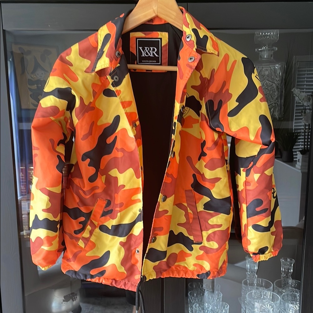 Bold Orange and Yellow Raincoat with Modern Camo Design